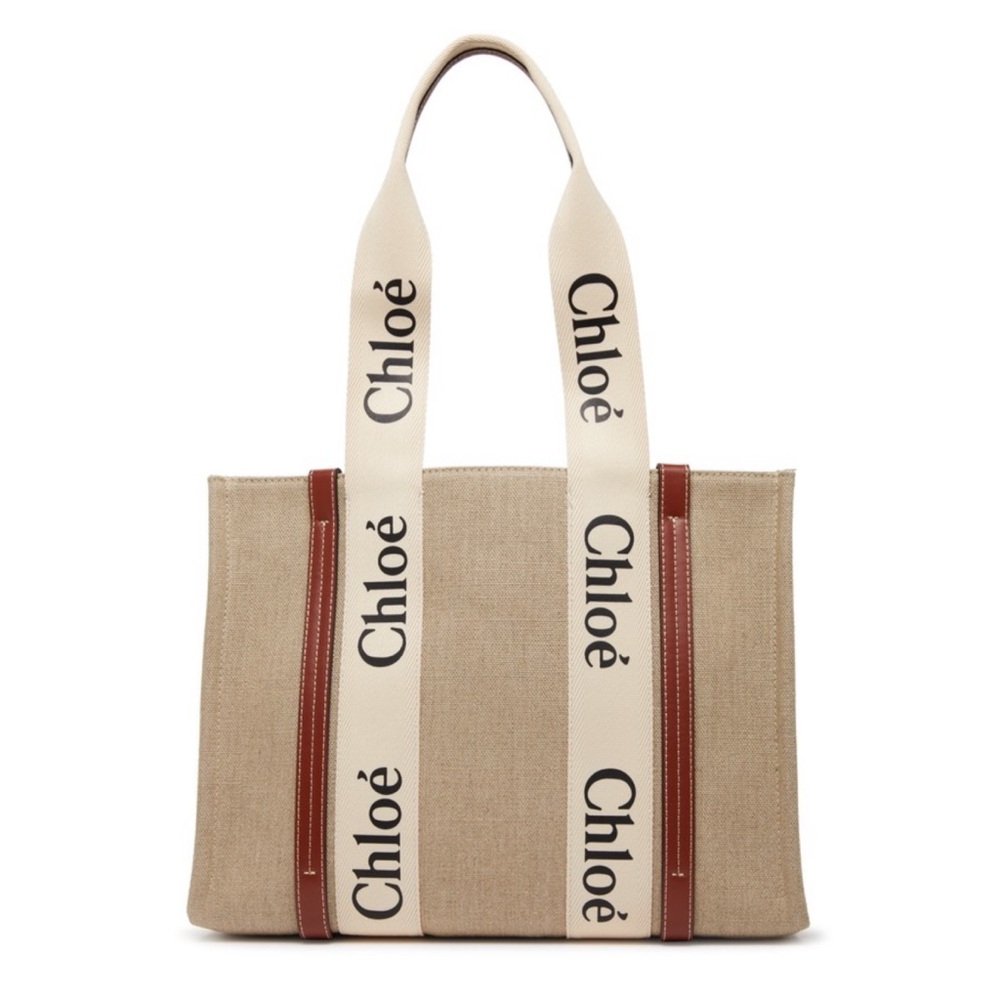 NWT Chloe Woody Medium Tote Bag Leather-Trimmed Canvas White & Brown